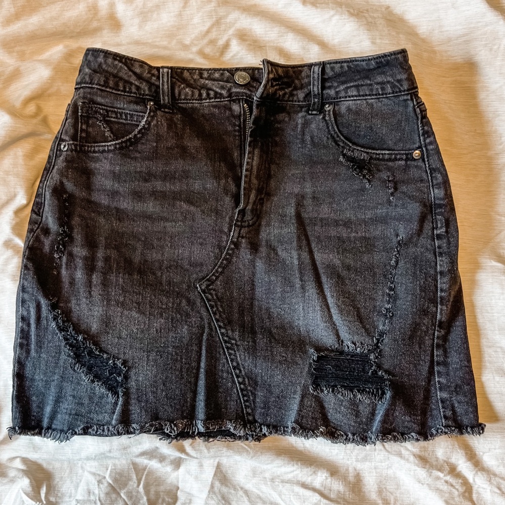 Black mini jean skirt distressed